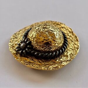 Vintage Premier Designs Figural Sun Hat Hammered Two Tone Gold Brooch Pin Signed